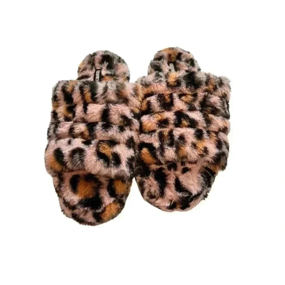STEVE MADDEN WOMEN’S FAUX FUR HOUSE SLIPPERS•SIZE L•PINK/BLACK/BROWN•NWOT